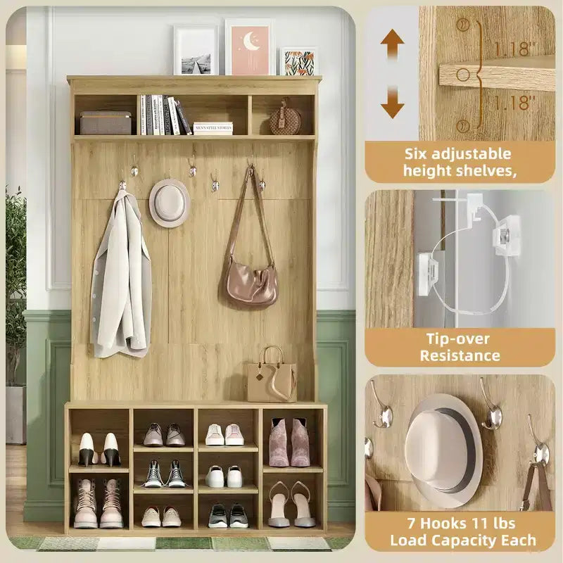 Black Walnut 71" Hall Tree with Shoe Storage, 7 Hooks - Freestanding, Adjustable Bench, Mudroom