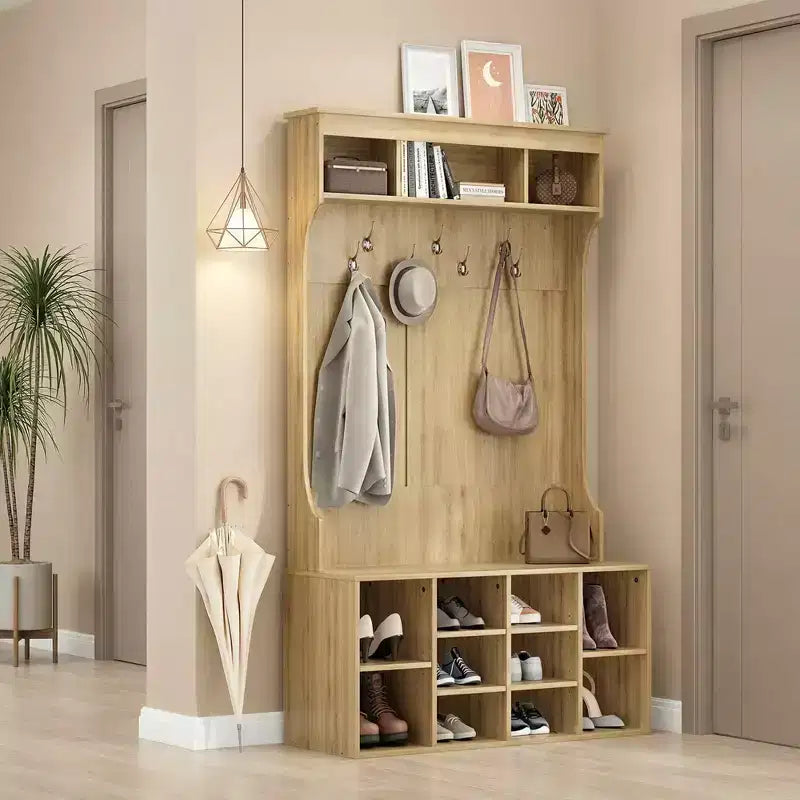 Black Walnut 71" Hall Tree with Shoe Storage, 7 Hooks - Freestanding, Adjustable Bench, Mudroom