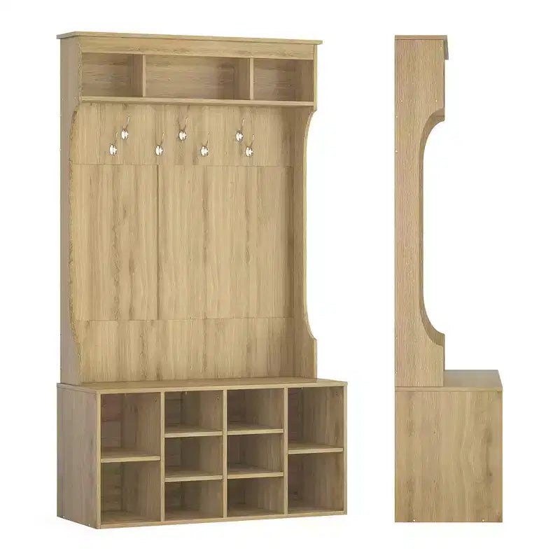 Black Walnut 71" Hall Tree with Shoe Storage, 7 Hooks - Freestanding, Adjustable Bench, Mudroom