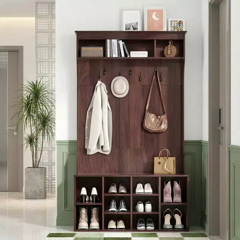 Black Walnut 71" Hall Tree with Shoe Storage, 7 Hooks - Freestanding, Adjustable Bench, Mudroom