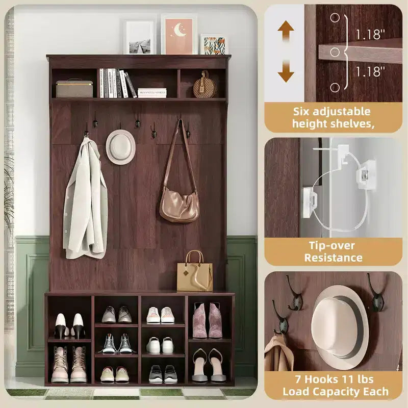 Black Walnut 71" Hall Tree with Shoe Storage, 7 Hooks - Freestanding, Adjustable Bench, Mudroom