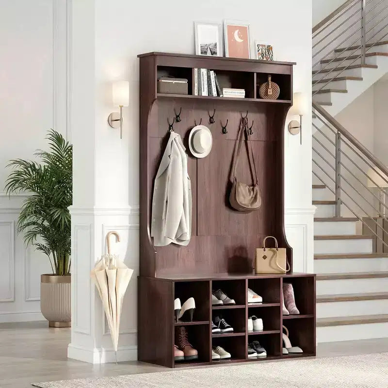 Black Walnut 71" Hall Tree with Shoe Storage, 7 Hooks - Freestanding, Adjustable Bench, Mudroom