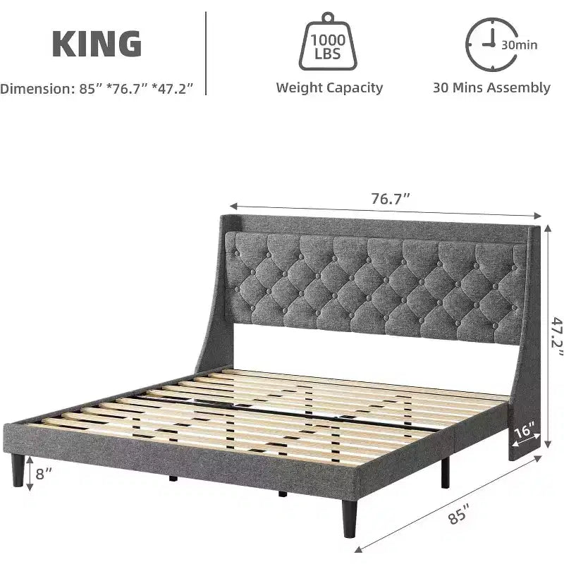King Size Upholstered Bed Frame with USB Ports, Wingback Headboard, Storage Shelf, and Charging Station Button Tufted Design