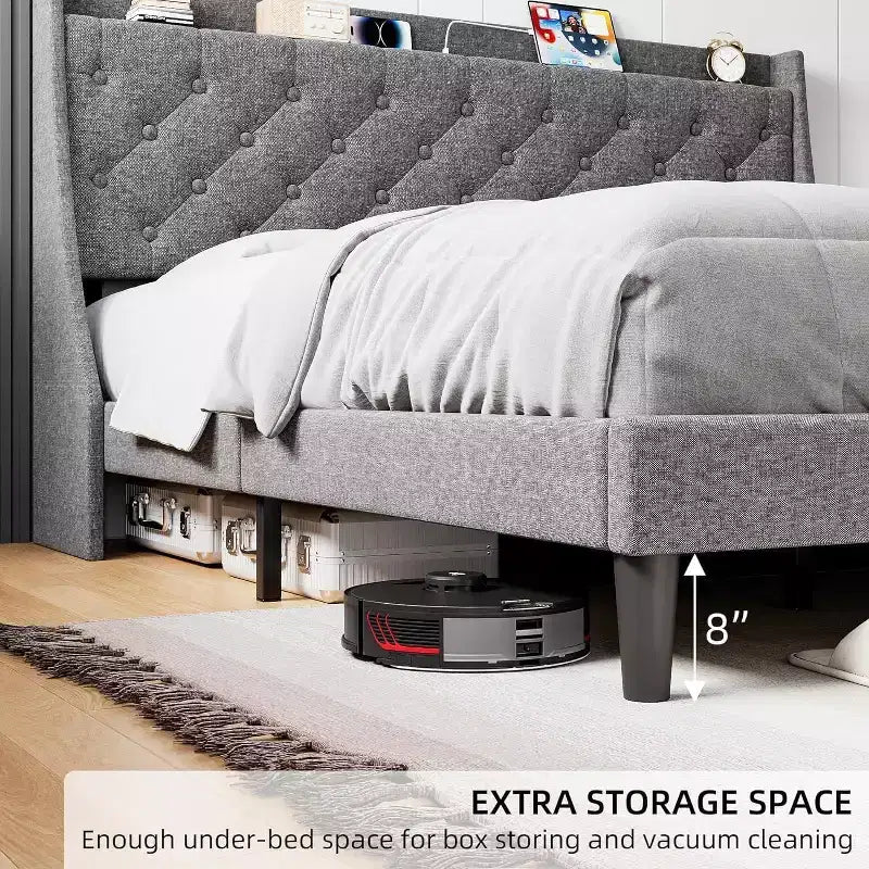King Size Upholstered Bed Frame with USB Ports, Wingback Headboard, Storage Shelf, and Charging Station Button Tufted Design