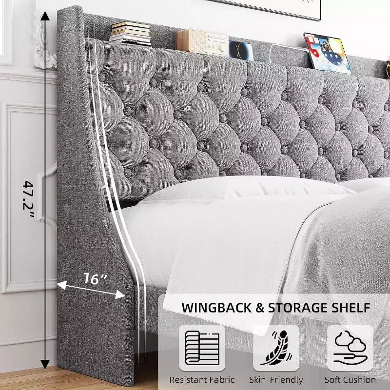 King Size Upholstered Bed Frame with USB Ports, Wingback Headboard, Storage Shelf, and Charging Station Button Tufted Design