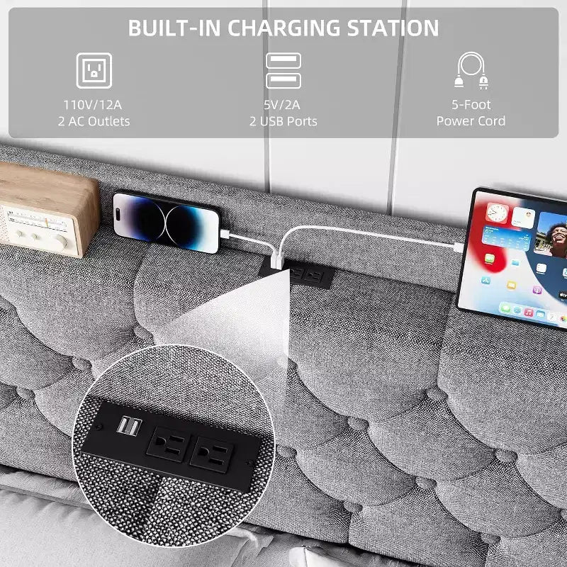 King Size Upholstered Bed Frame with USB Ports, Wingback Headboard, Storage Shelf, and Charging Station Button Tufted Design