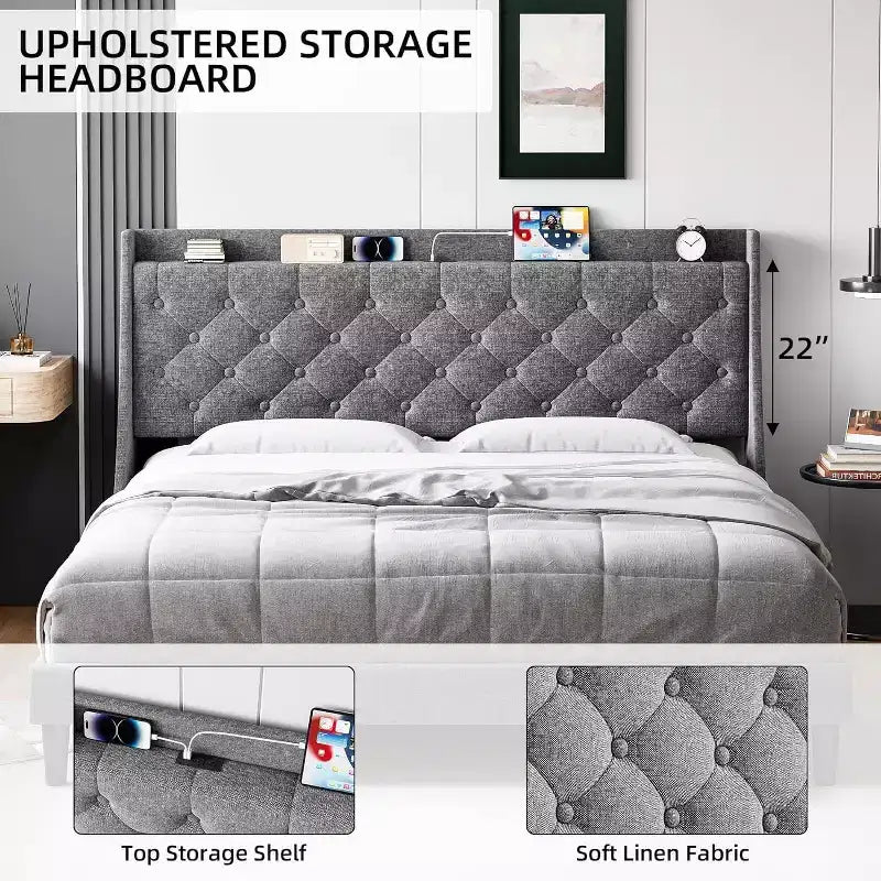 King Size Upholstered Bed Frame with USB Ports, Wingback Headboard, Storage Shelf, and Charging Station Button Tufted Design