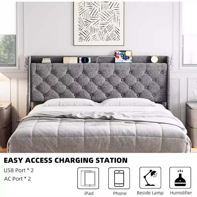 King Size Upholstered Bed Frame with USB Ports, Wingback Headboard, Storage Shelf, and Charging Station Button Tufted Design
