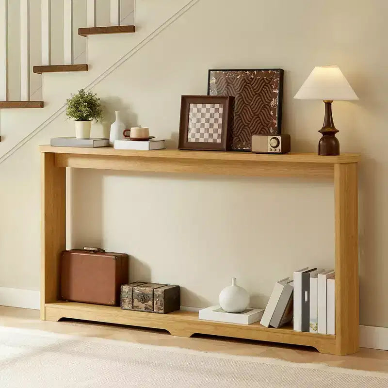 70" Console Table, Modern Wave Sofa Table with Open Shelf, Narrow Wood Accent Foyer Table with Thick Top for Hallway, Entryway, Living Room