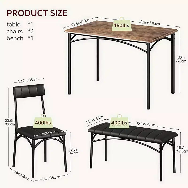 4-Piece Dining Set with Table, 2 Chairs & Bench, Retro Style Space-Saving Kitchen Table for Small Spaces, Kitchen, Apartments
