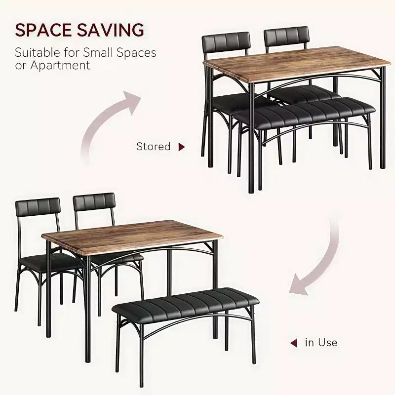 4-Piece Dining Set with Table, 2 Chairs & Bench, Retro Style Space-Saving Kitchen Table for Small Spaces, Kitchen, Apartments