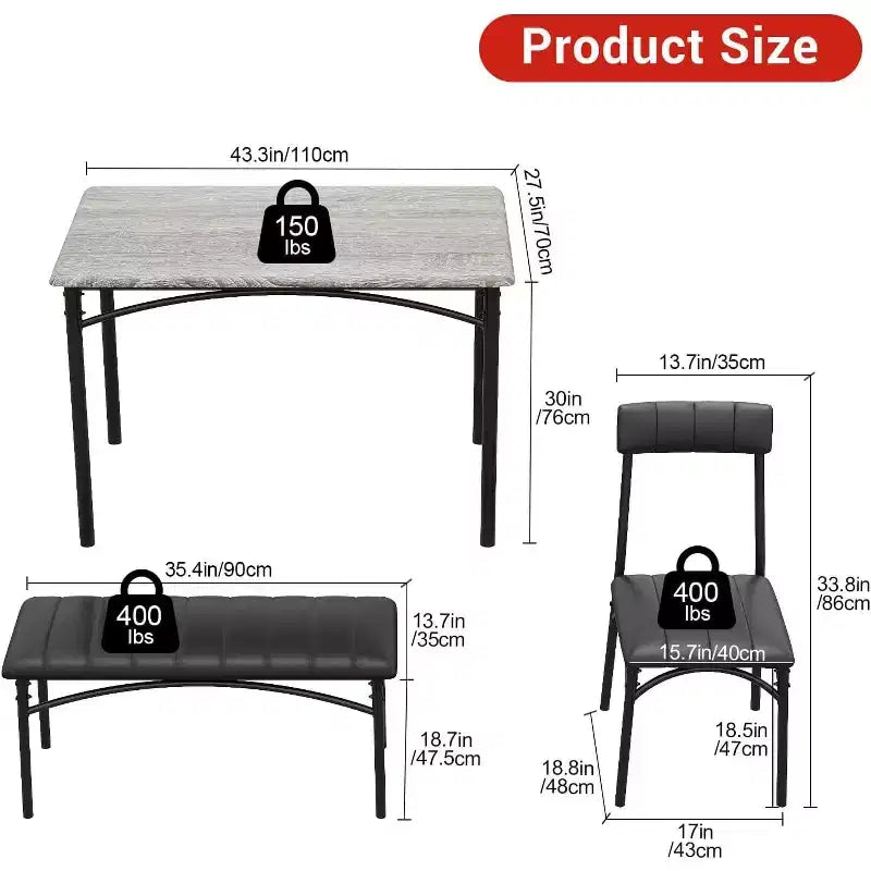 4-Piece Dining Set with Table, 2 Chairs & Bench, Retro Style Space-Saving Kitchen Table for Small Spaces, Kitchen, Apartments