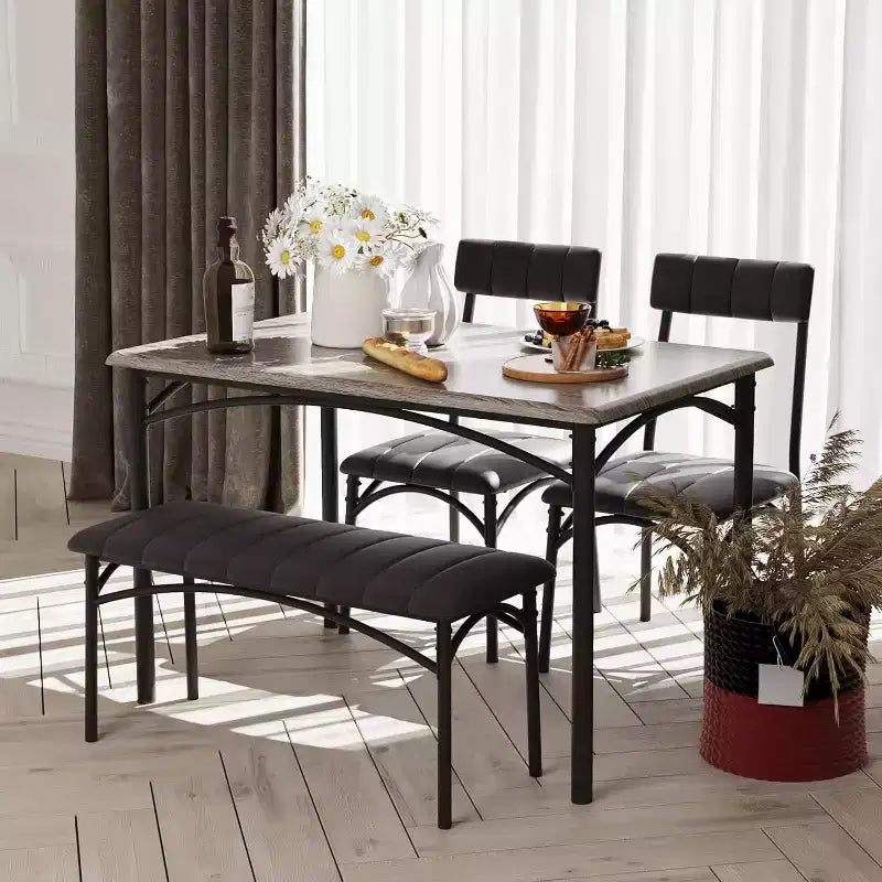 4-Piece Dining Set with Table, 2 Chairs & Bench, Retro Style Space-Saving Kitchen Table for Small Spaces, Kitchen, Apartments