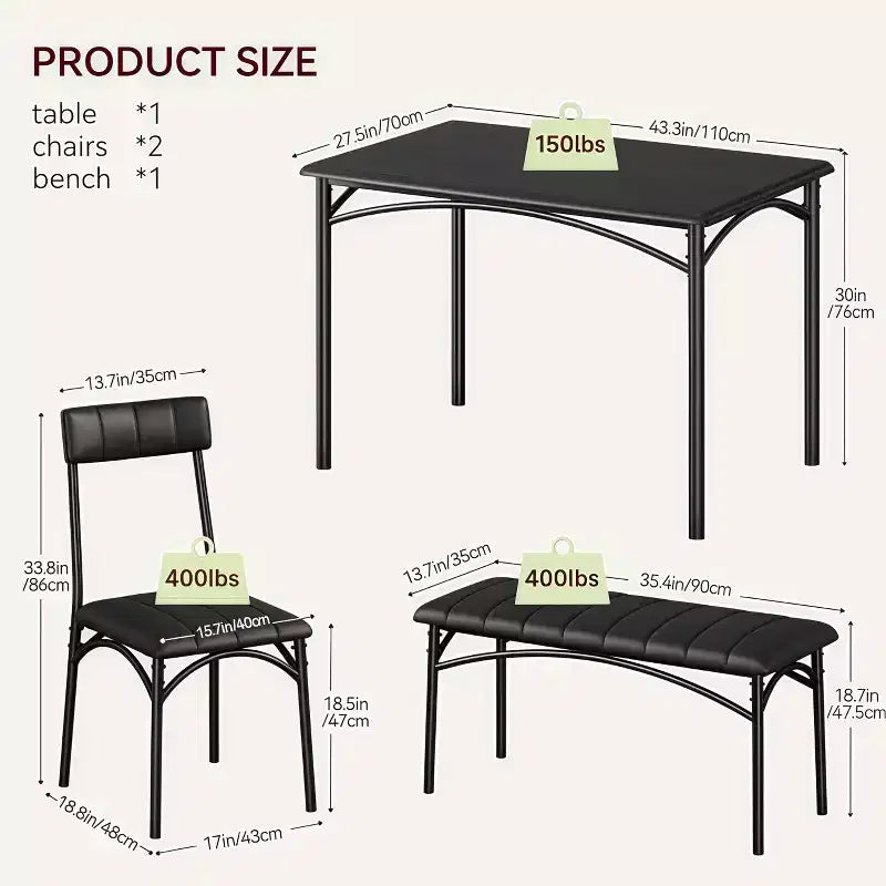 4-Piece Dining Set with Table, 2 Chairs & Bench, Retro Style Space-Saving Kitchen Table for Small Spaces, Kitchen, Apartments