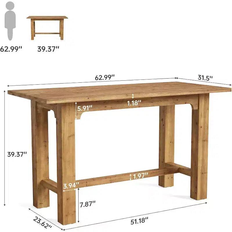 Solid Wood Bar Table, 63-Inch Long Counter Height Pub Table, High Home Bar Furniture for Kitchen