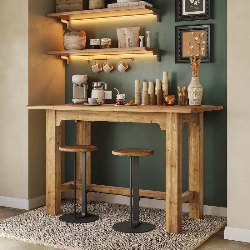 Solid Wood Bar Table, 63-Inch Long Counter Height Pub Table, High Home Bar Furniture for Kitchen