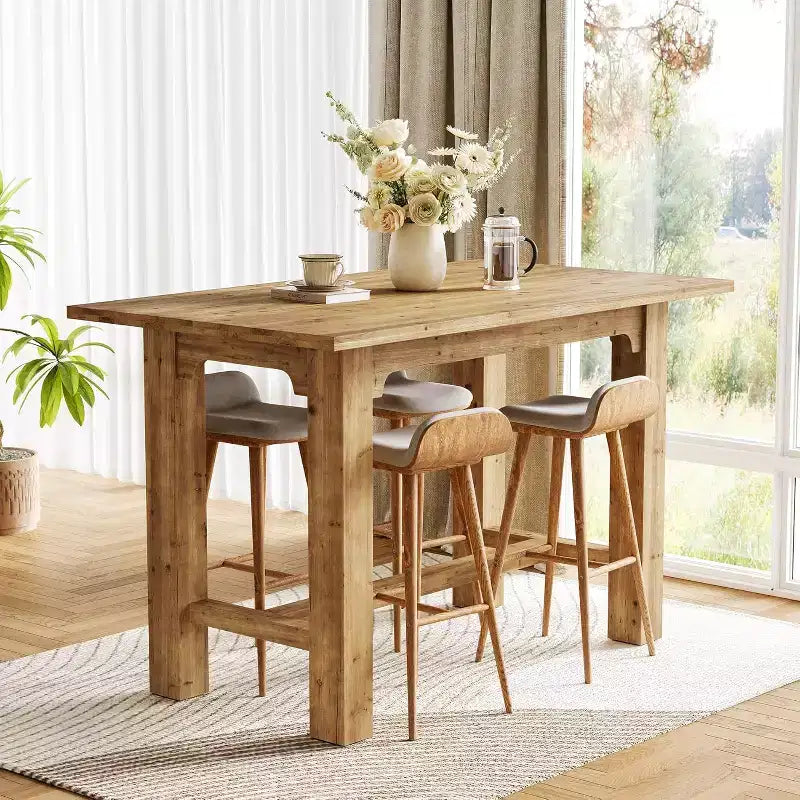 Solid Wood Bar Table, 63-Inch Long Counter Height Pub Table, High Home Bar Furniture for Kitchen