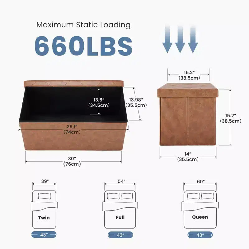 30/43IN Foldable Storage Bench with Thicker Foam Padded Seat, End of Bed Bench, Entryway Bench for Living Room